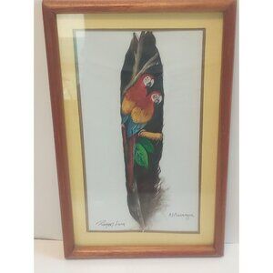 Costa Rica Hand Painted Feather Art PARROTS Signed Matted & Framed ~ 12x8